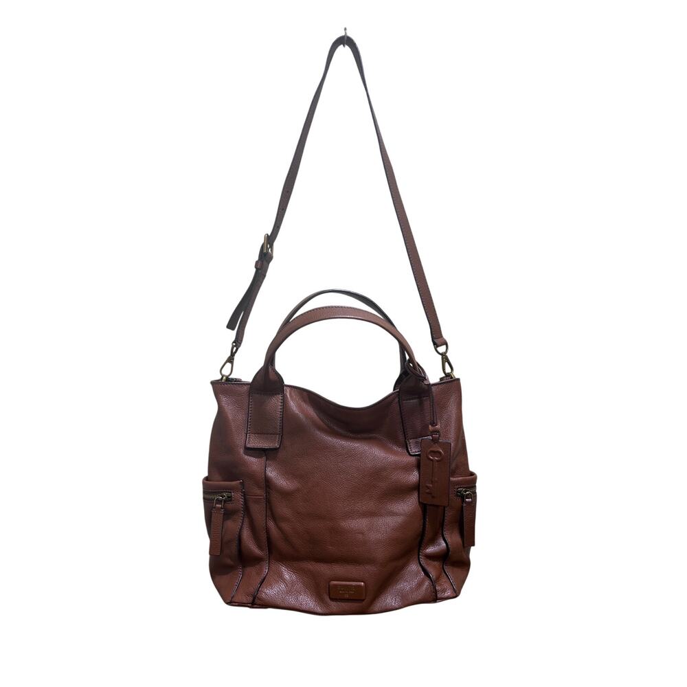 Fossil Pebbled Leather Tote Bag Brown Crossbody Shoulder Purse Large Handbag